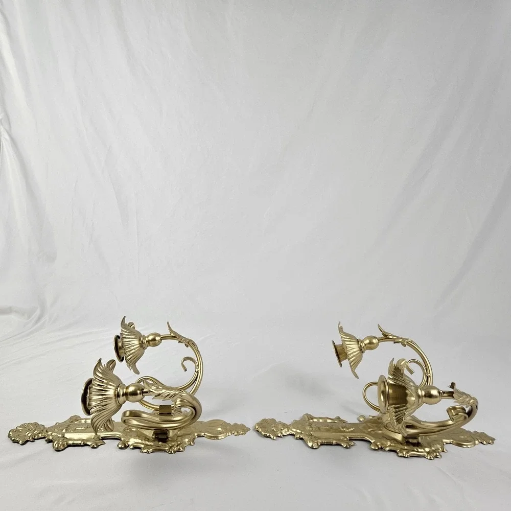 Hollywood Regency Candle Wall Sconces Double Arm Ornate Gold Cast Metal Louis XV